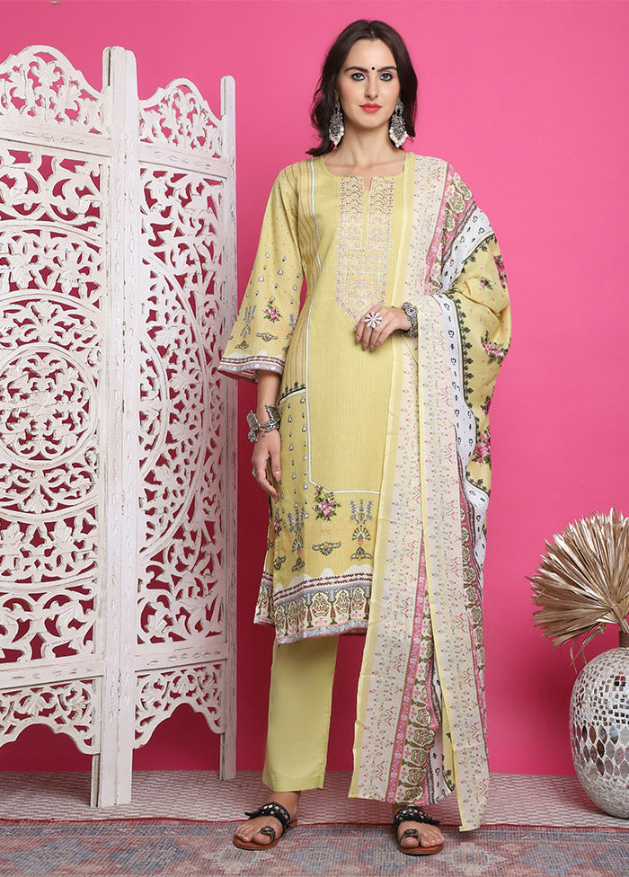 3 Pc Lemon Unstitched Cotton Suit Set