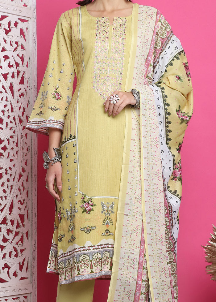 3 Pc Lemon Unstitched Cotton Suit Set