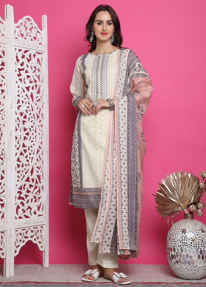 3 Pc Cream Unstitched Cotton Suit Set