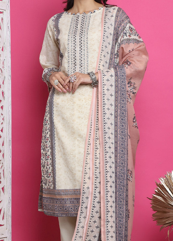 3 Pc Cream Unstitched Cotton Suit Set