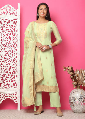 3 Pc Pista Green Unstitched Silk Suit Set