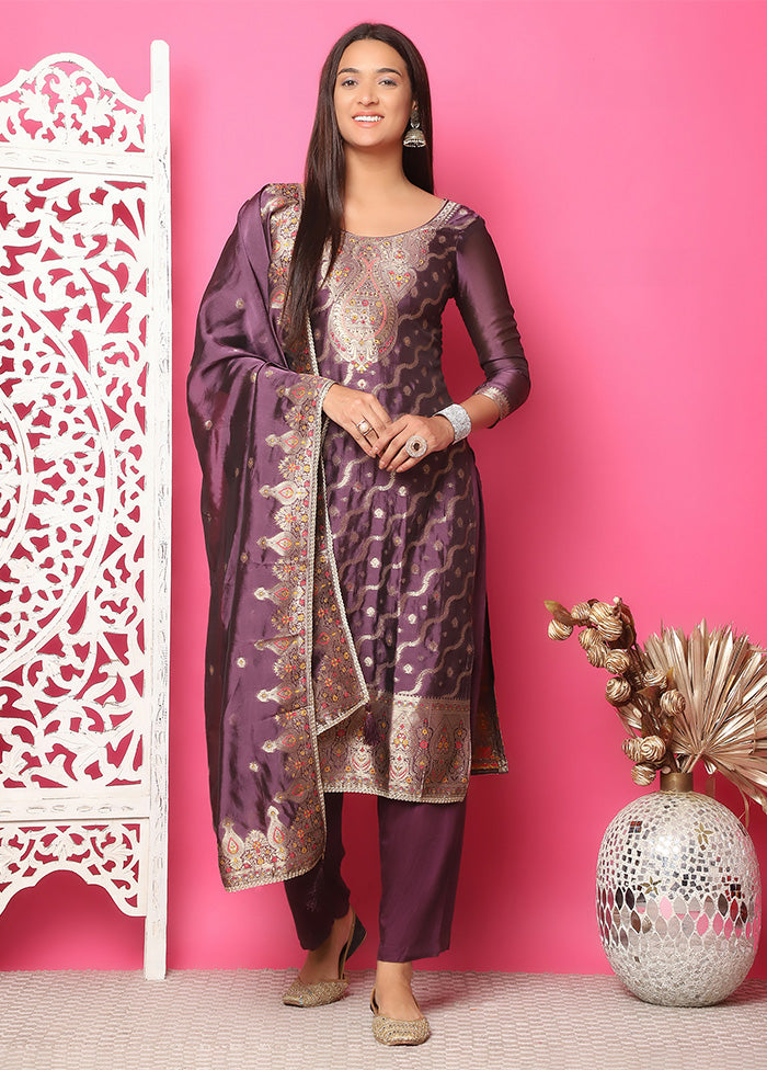 3 Pc Violet Unstitched Silk Suit Set