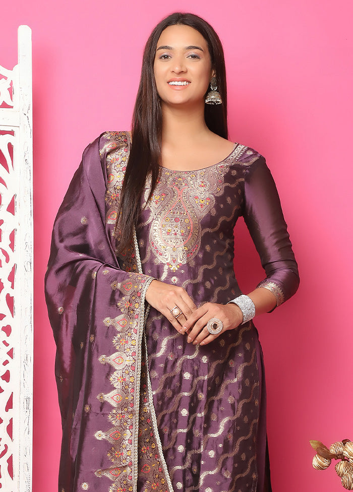 3 Pc Violet Unstitched Silk Suit Set