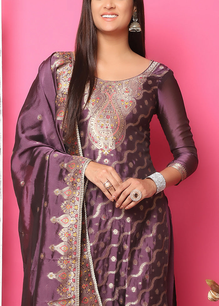 3 Pc Violet Unstitched Silk Suit Set