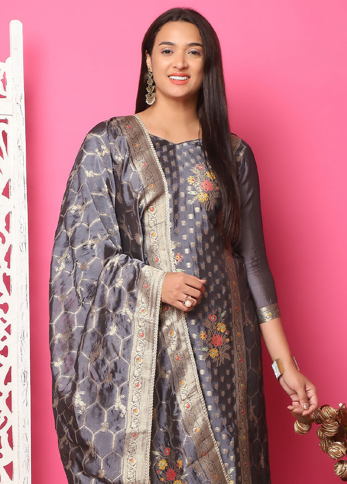 3 Pc Grey Unstitched Silk Suit Set