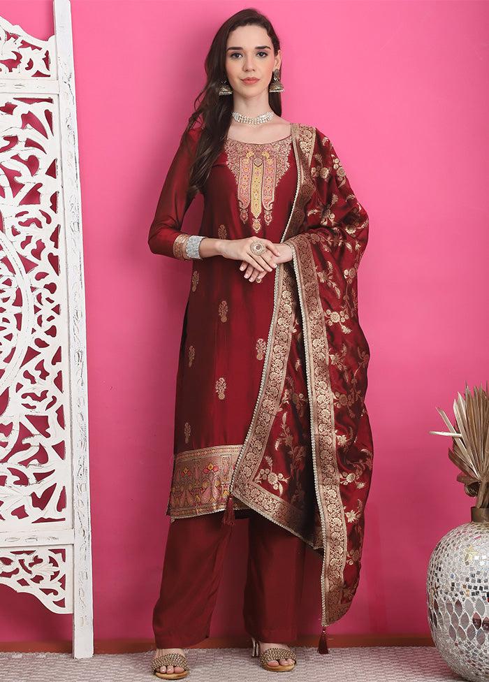 3 Pc Maroon Unstitched Silk Suit Set