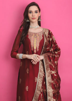 3 Pc Maroon Unstitched Silk Suit Set