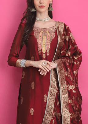 3 Pc Maroon Unstitched Silk Suit Set