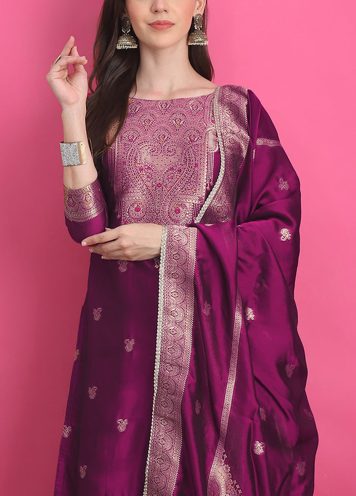 3 Pc Wine Unstitched Silk Suit Set