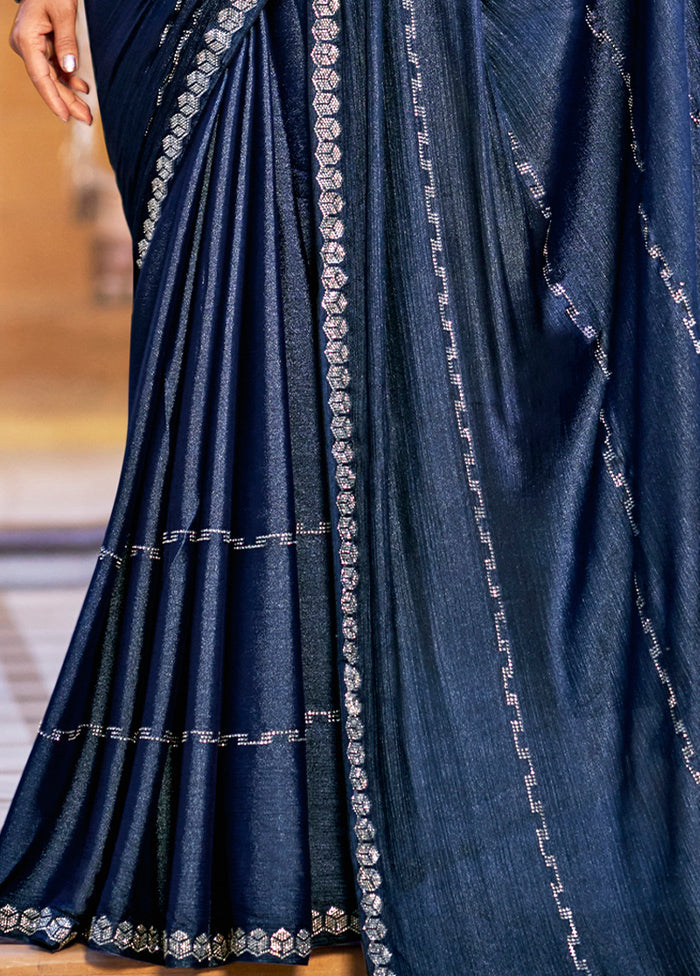 Navy Blue Chiffon Silk Saree With Blouse Piece