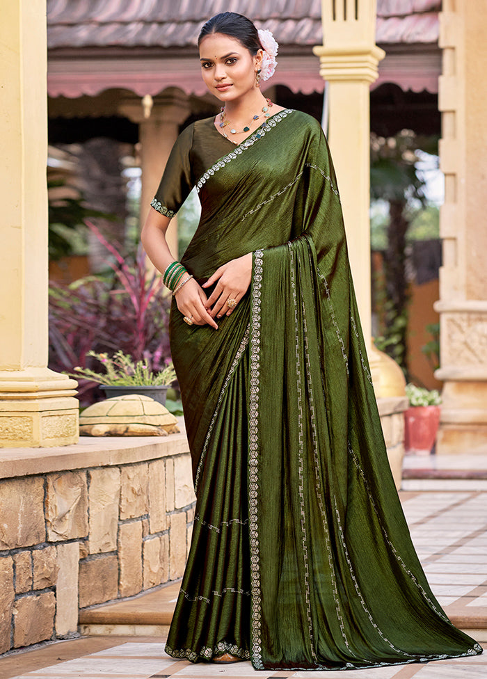 Olive Green Chiffon Silk Saree With Blouse Piece