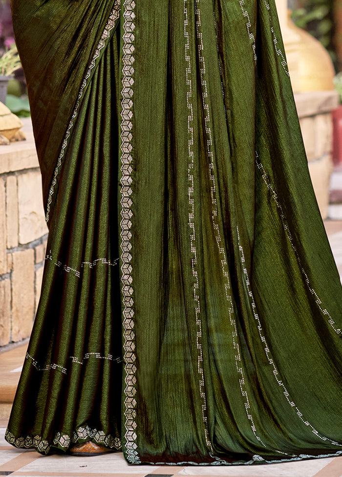 Olive Green Chiffon Silk Saree With Blouse Piece