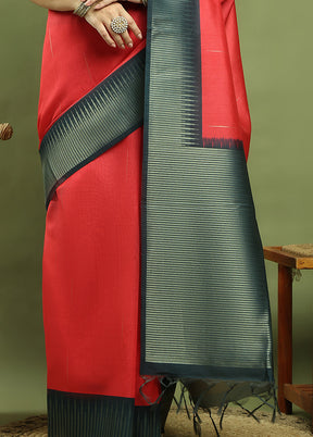 Red Dupion Silk Saree With Blouse Piece