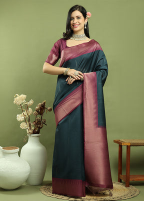 Teal Dupion Silk Saree With Blouse Piece