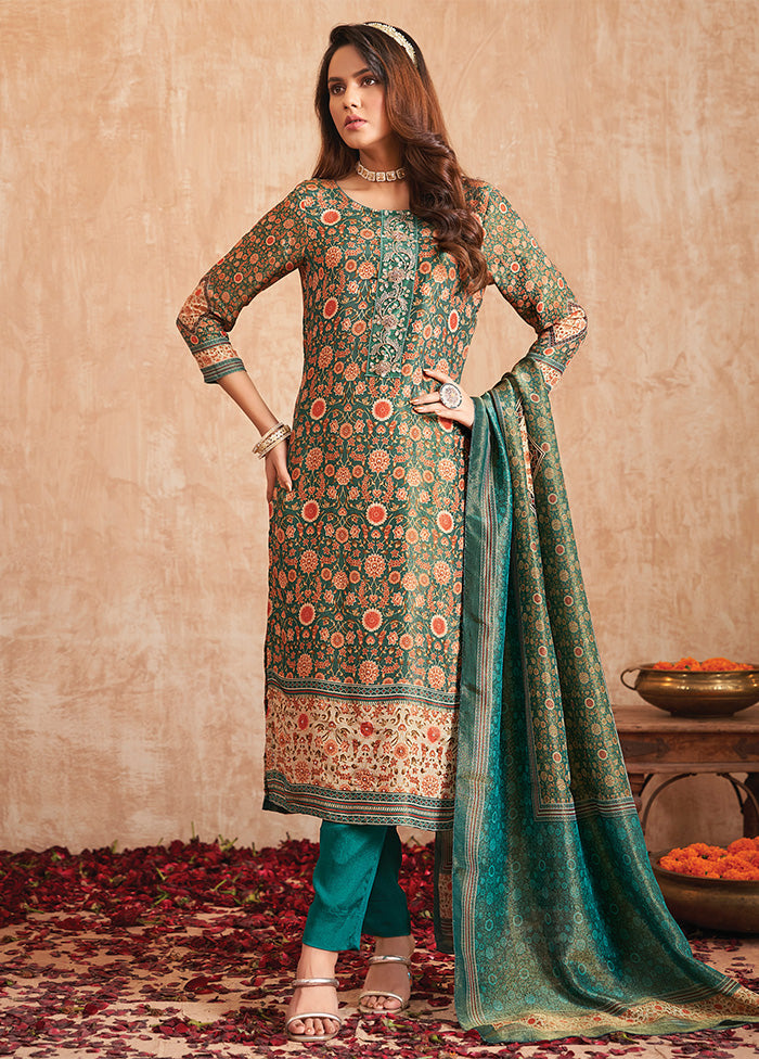 3 Pc Green Unstitched Pure Silk Suit Set