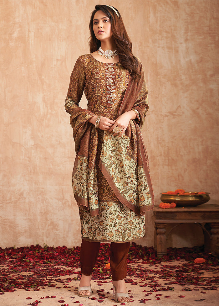 3 Pc Brown Unstitched Pure Silk Suit Set