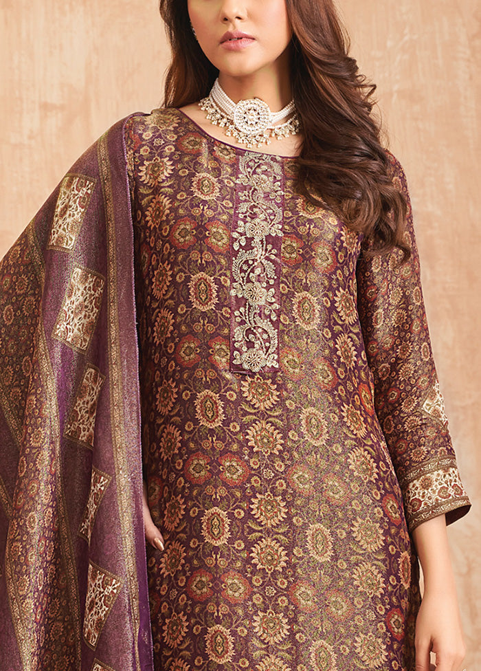 3 Pc Purple Unstitched Pure Silk Suit Set