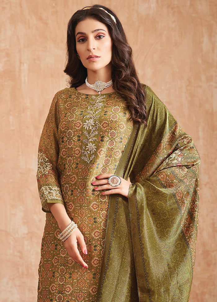 3 Pc Olive Green Unstitched Pure Silk Suit Set