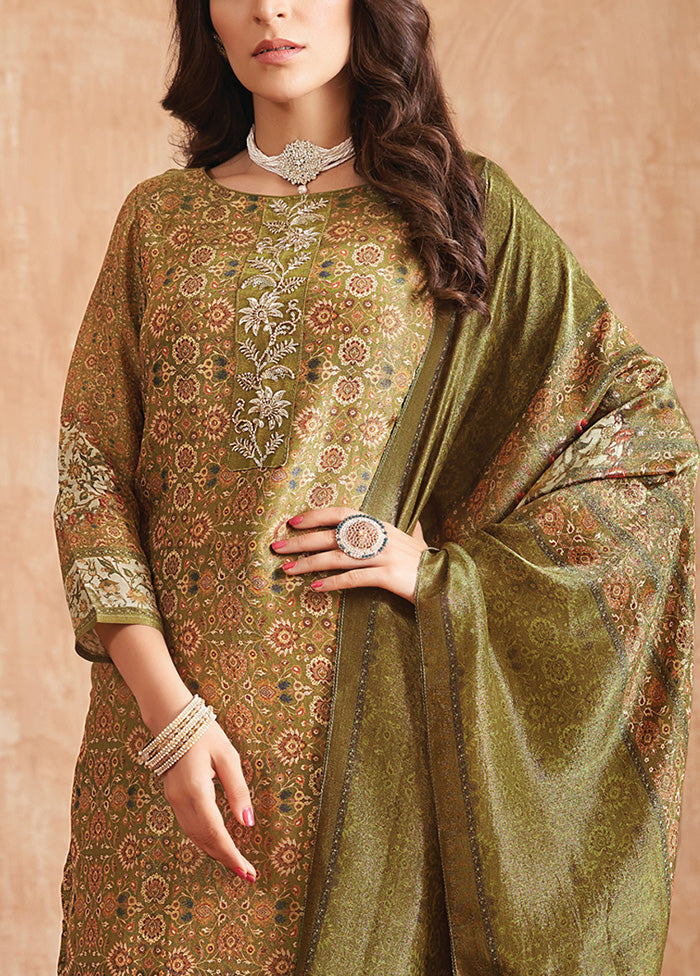 3 Pc Olive Green Unstitched Pure Silk Suit Set