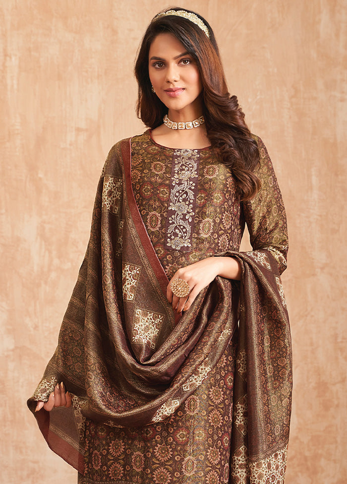 3 Pc Gold Unstitched Pure Silk Suit Set