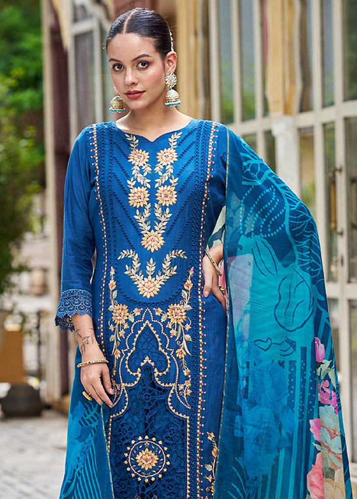 3 Pc Navy Blue Unstitched Silk Suit Set