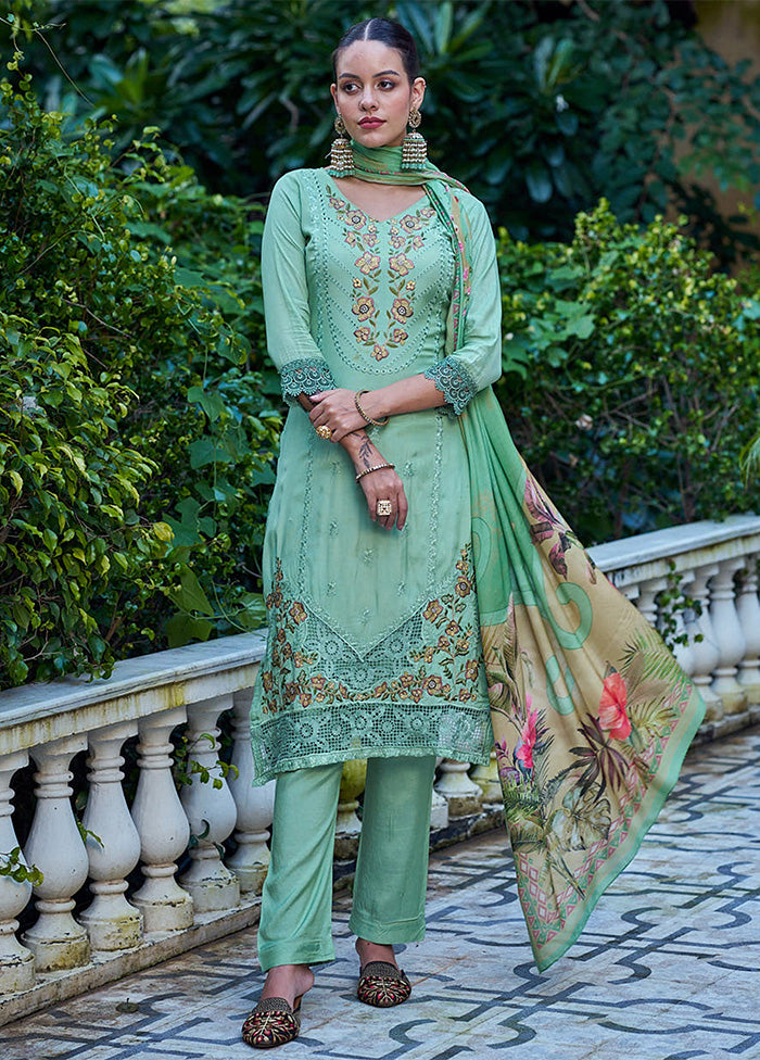 3 Pc Green Unstitched Silk Suit Set