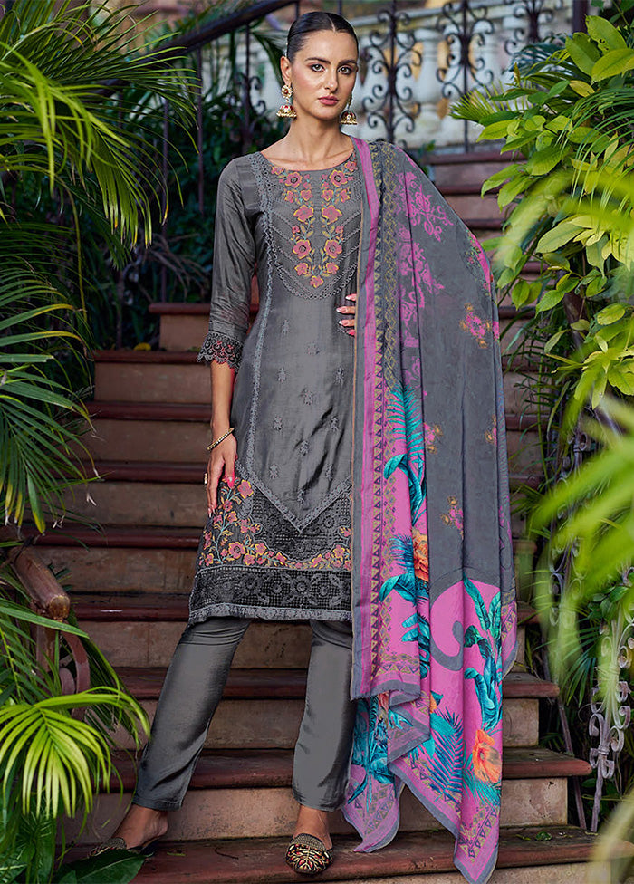 3 Pc Grey Unstitched Silk Suit Set