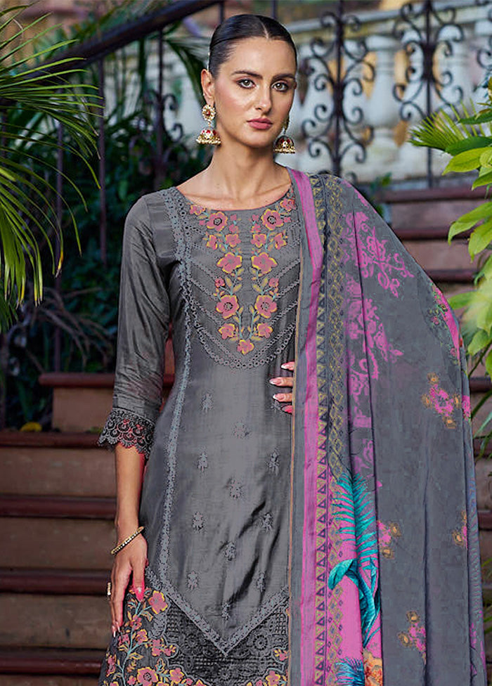 3 Pc Grey Unstitched Silk Suit Set