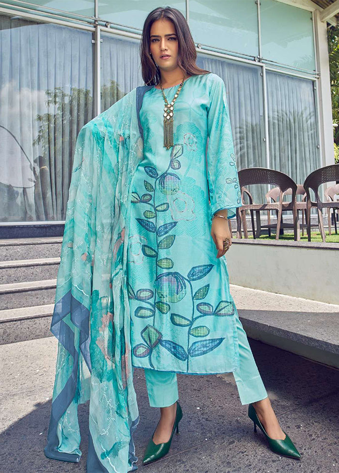 3 Pc Turquoise Semi Stitched Silk Dupatta Suit Set