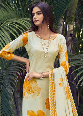 3 Pc Cream Semi Stitched Silk Dupatta Suit Set