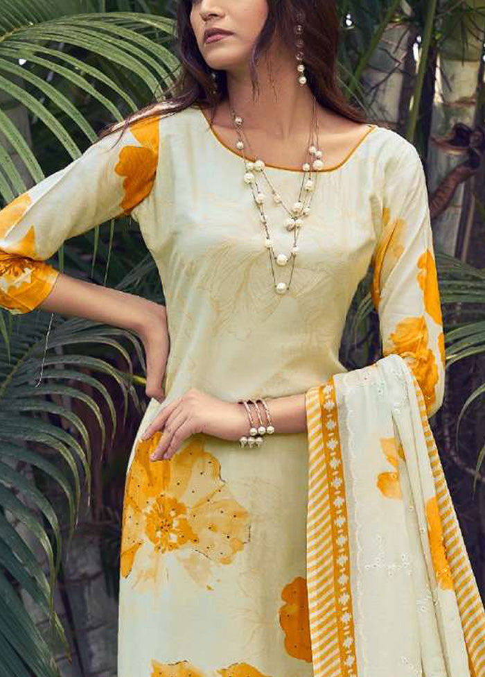 3 Pc Cream Semi Stitched Silk Dupatta Suit Set