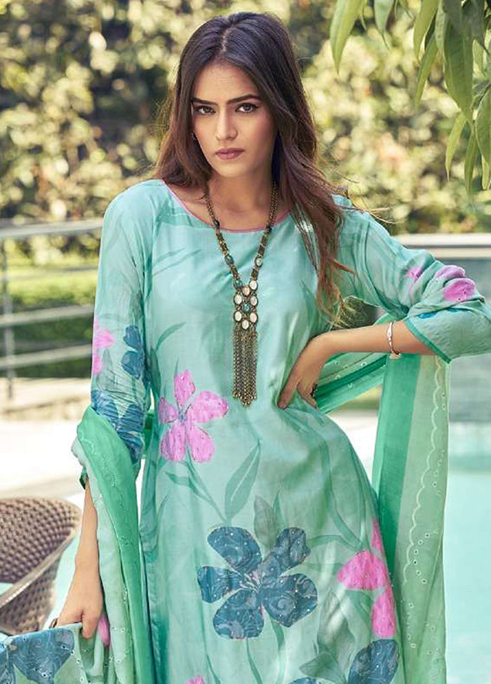 3 Pc Green Semi Stitched Silk Dupatta Suit Set