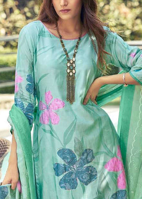 3 Pc Green Semi Stitched Silk Dupatta Suit Set