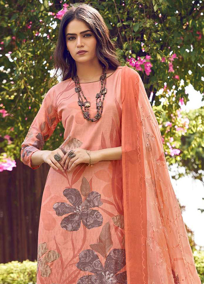 3 Pc Peach Semi Stitched Silk Dupatta Suit Set