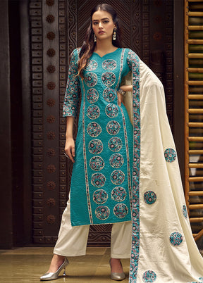 3 Pc Teal Pure Semi Stitched Cotton Dupatta Suit Set