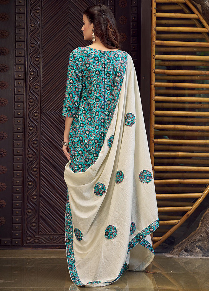 3 Pc Teal Pure Semi Stitched Cotton Dupatta Suit Set