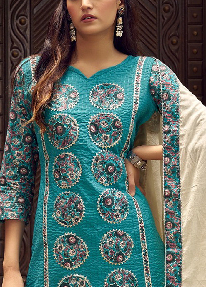 3 Pc Teal Pure Semi Stitched Cotton Dupatta Suit Set