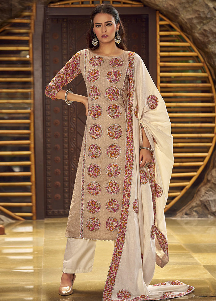 3 Pc Beige Pure Semi Stitched Cotton Dupatta Suit Set