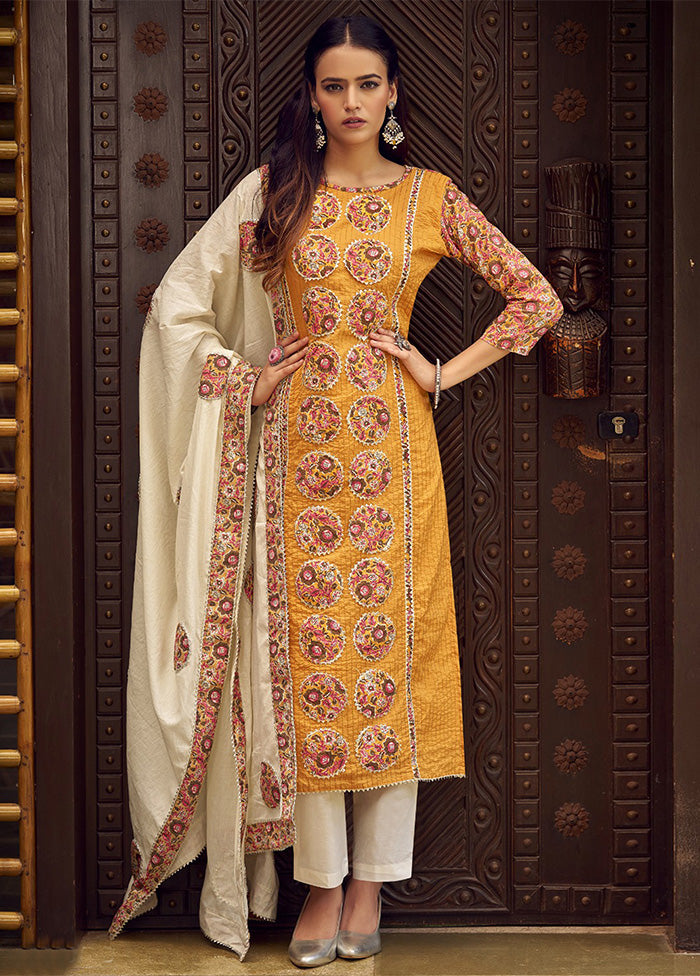 3 Pc Mustard Pure Semi Stitched Cotton Dupatta Suit Set