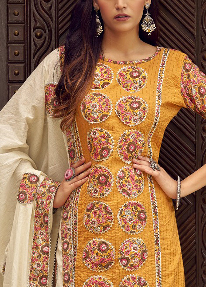 3 Pc Mustard Pure Semi Stitched Cotton Dupatta Suit Set