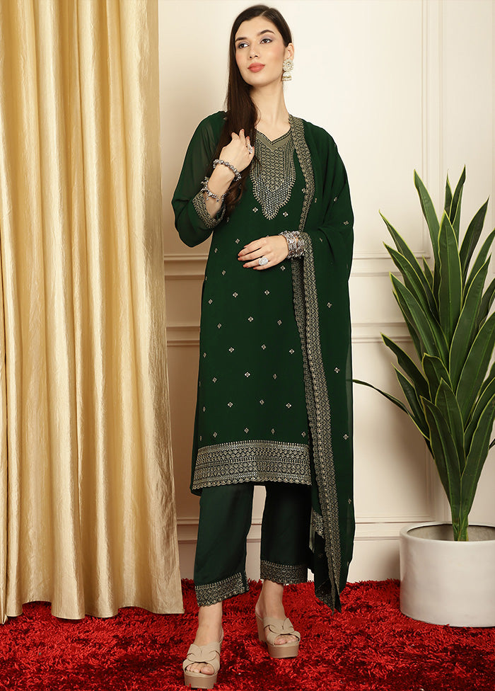 3 Pc Green Readymade Georgette Dupatta Suit Set