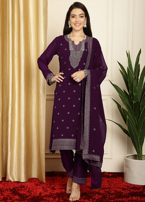 3 Pc Burgundy Readymade Georgette Dupatta Suit Set