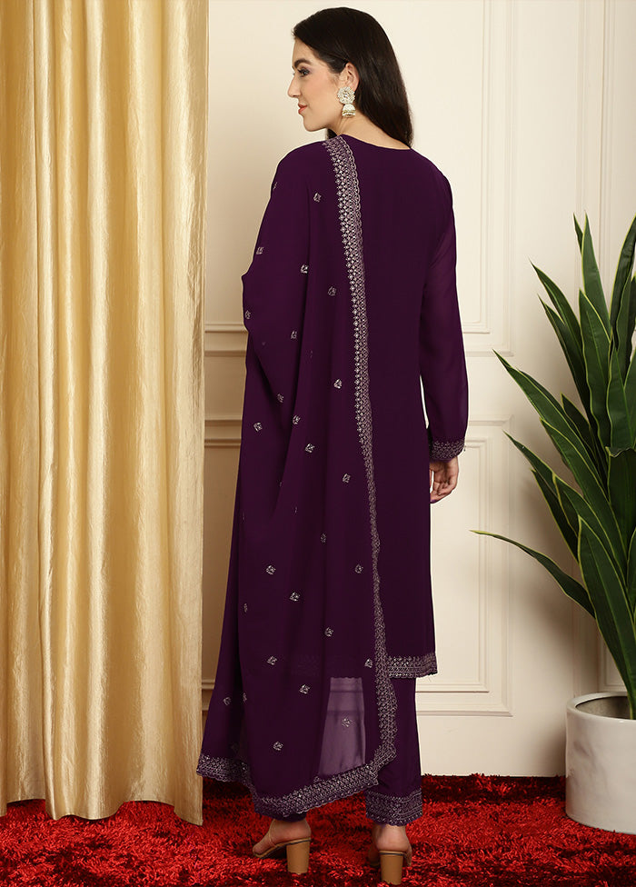 3 Pc Burgundy Readymade Georgette Dupatta Suit Set