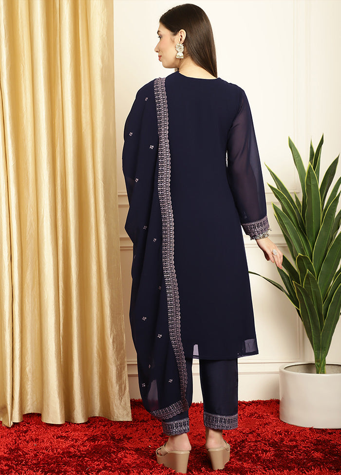 3 Pc Navy Blue Readymade Georgette Dupatta Suit Set