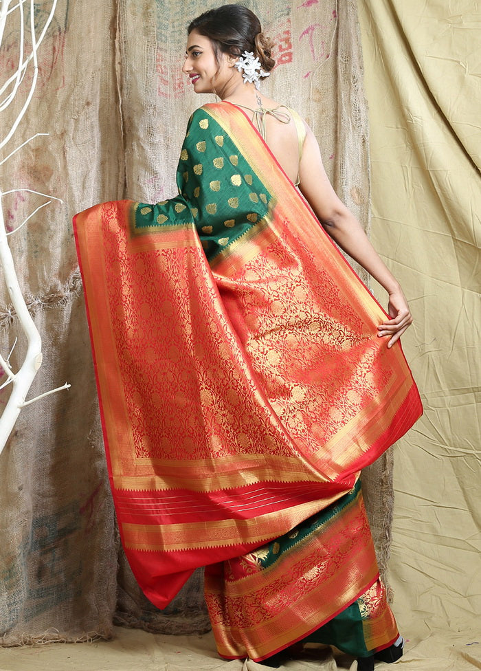 Green Spun Silk Saree With Blouse - Indian Silk House Agencies