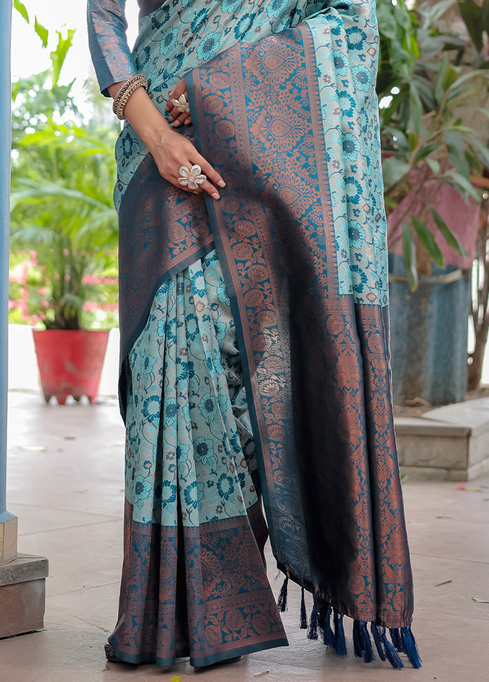 Turquoise Banarasi Silk Saree With Blouse Piece