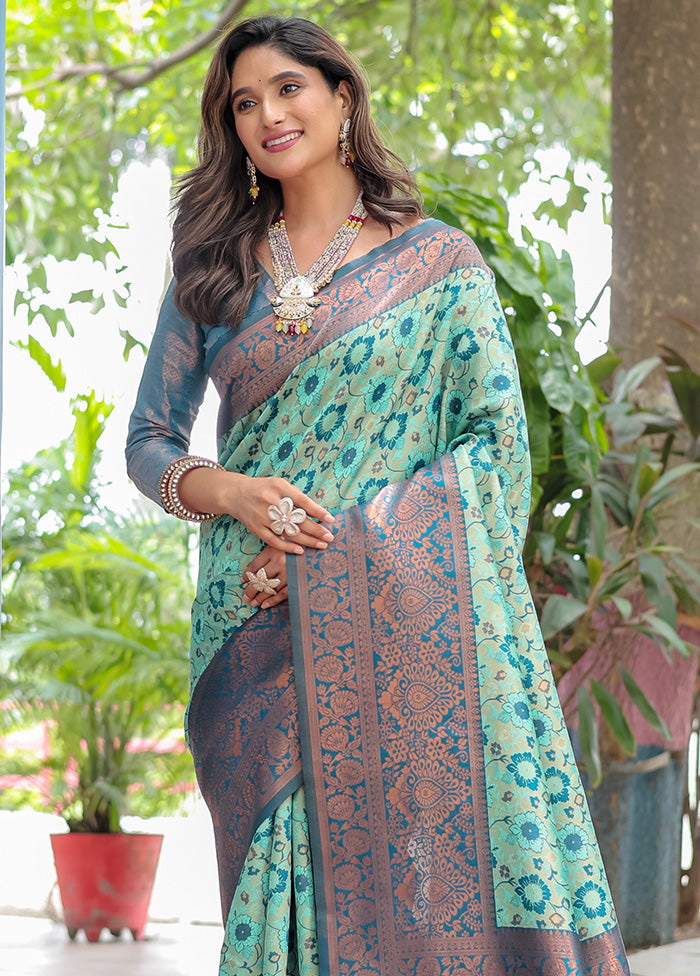 Sea Green Banarasi Silk Saree With Blouse Piece