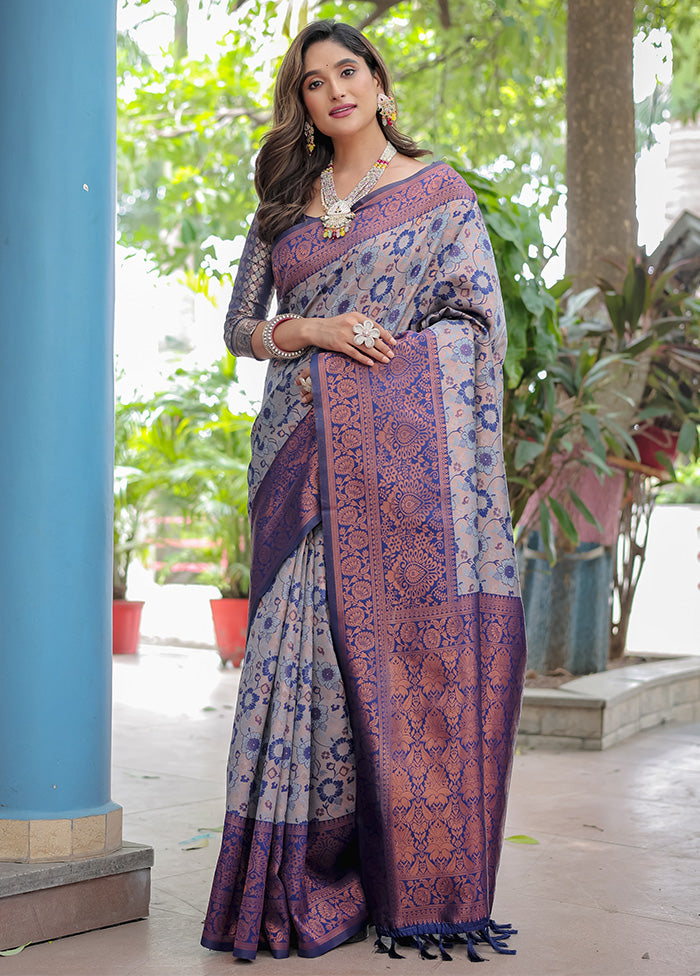 Grey Banarasi Silk Saree With Blouse Piece