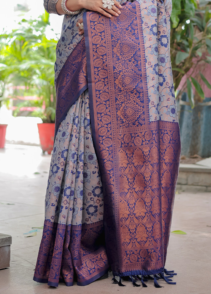 Grey Banarasi Silk Saree With Blouse Piece