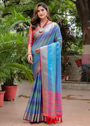 Blue Banarasi Silk Saree With Blouse Piece